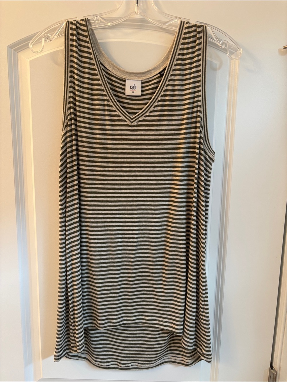 CAbi Sleeveless V-Neck Striped Tank — Olive and Cream Size M